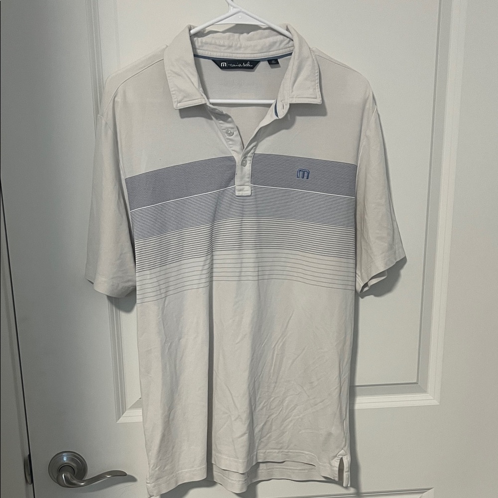 Travis Mathew White and Gray Striped Polo Shirt